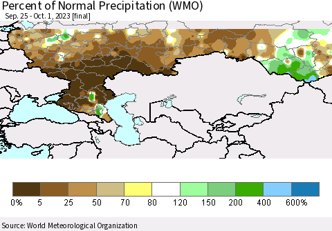 Russian Federation Percent of Normal Precipitation (WMO) Thematic Map For 9/25/2023 - 10/1/2023