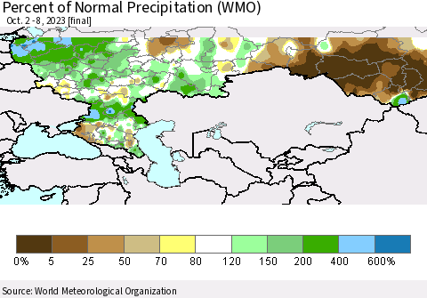 Russian Federation Percent of Normal Precipitation (WMO) Thematic Map For 10/2/2023 - 10/8/2023