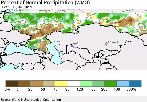 Russian Federation Percent of Normal Precipitation (WMO) Thematic Map For 10/9/2023 - 10/15/2023