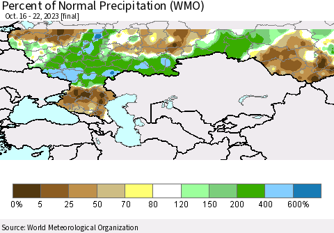 Russian Federation Percent of Normal Precipitation (WMO) Thematic Map For 10/16/2023 - 10/22/2023