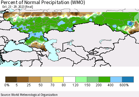 Russian Federation Percent of Normal Precipitation (WMO) Thematic Map For 10/23/2023 - 10/29/2023