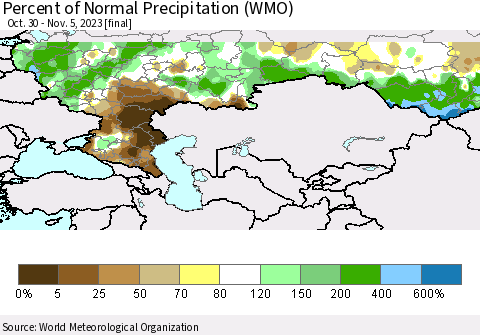 Russian Federation Percent of Normal Precipitation (WMO) Thematic Map For 10/30/2023 - 11/5/2023
