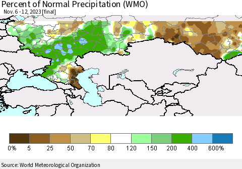 Russian Federation Percent of Normal Precipitation (WMO) Thematic Map For 11/6/2023 - 11/12/2023