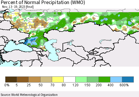 Russian Federation Percent of Normal Precipitation (WMO) Thematic Map For 11/13/2023 - 11/19/2023