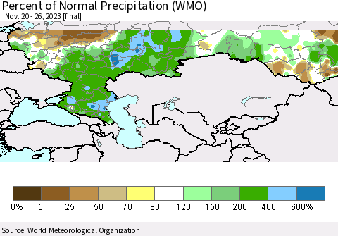 Russian Federation Percent of Normal Precipitation (WMO) Thematic Map For 11/20/2023 - 11/26/2023