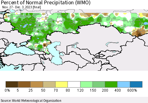 Russian Federation Percent of Normal Precipitation (WMO) Thematic Map For 11/27/2023 - 12/3/2023