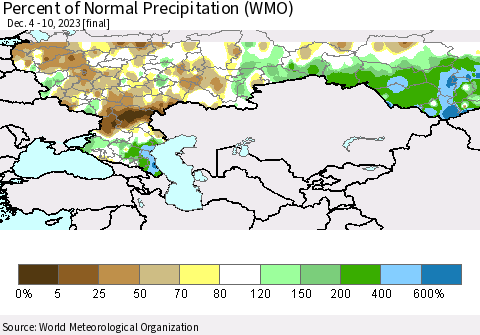 Russian Federation Percent of Normal Precipitation (WMO) Thematic Map For 12/4/2023 - 12/10/2023