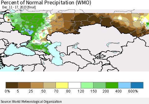 Russian Federation Percent of Normal Precipitation (WMO) Thematic Map For 12/11/2023 - 12/17/2023