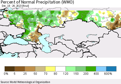 Russian Federation Percent of Normal Precipitation (WMO) Thematic Map For 12/18/2023 - 12/24/2023