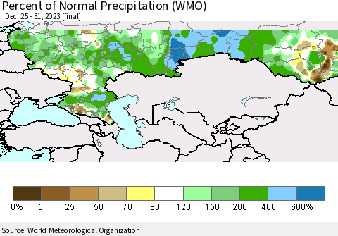 Russian Federation Percent of Normal Precipitation (WMO) Thematic Map For 12/25/2023 - 12/31/2023