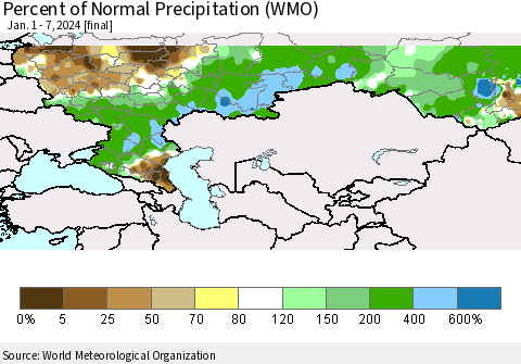 Russian Federation Percent of Normal Precipitation (WMO) Thematic Map For 1/1/2024 - 1/7/2024