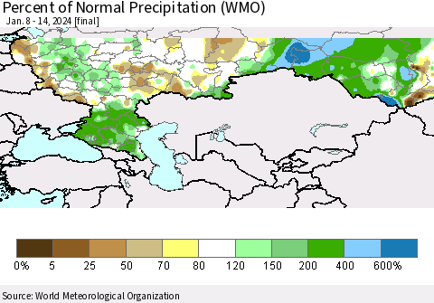 Russian Federation Percent of Normal Precipitation (WMO) Thematic Map For 1/8/2024 - 1/14/2024