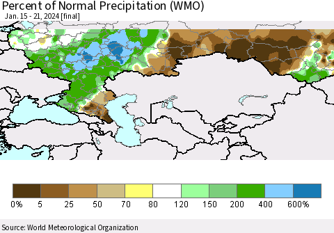 Russian Federation Percent of Normal Precipitation (WMO) Thematic Map For 1/15/2024 - 1/21/2024