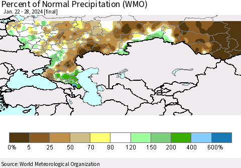 Russian Federation Percent of Normal Precipitation (WMO) Thematic Map For 1/22/2024 - 1/28/2024