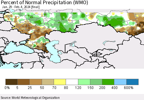 Russian Federation Percent of Normal Precipitation (WMO) Thematic Map For 1/29/2024 - 2/4/2024
