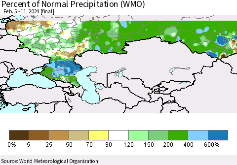 Russian Federation Percent of Normal Precipitation (WMO) Thematic Map For 2/5/2024 - 2/11/2024