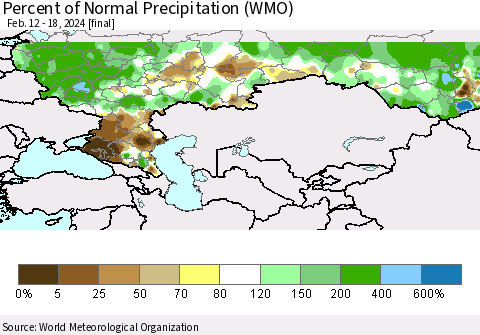 Russian Federation Percent of Normal Precipitation (WMO) Thematic Map For 2/12/2024 - 2/18/2024