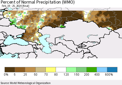Russian Federation Percent of Normal Precipitation (WMO) Thematic Map For 2/19/2024 - 2/25/2024