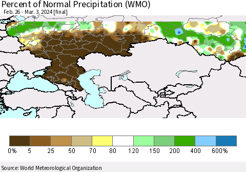 Russian Federation Percent of Normal Precipitation (WMO) Thematic Map For 2/26/2024 - 3/3/2024