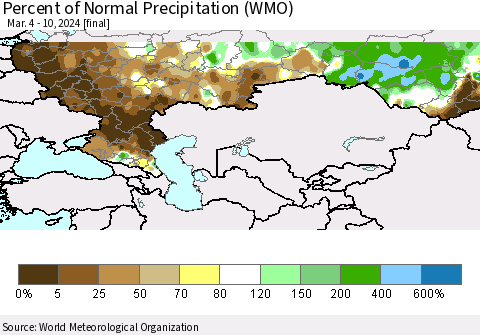 Russian Federation Percent of Normal Precipitation (WMO) Thematic Map For 3/4/2024 - 3/10/2024