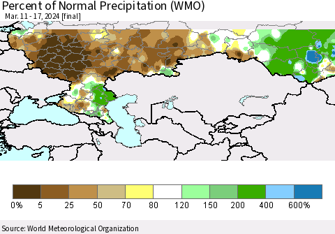 Russian Federation Percent of Normal Precipitation (WMO) Thematic Map For 3/11/2024 - 3/17/2024
