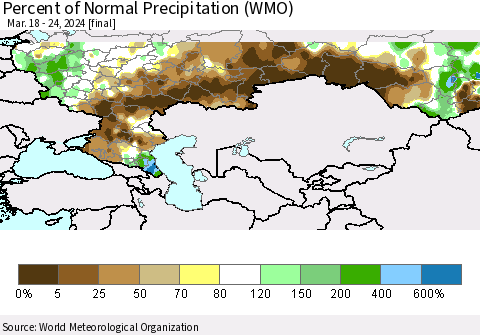 Russian Federation Percent of Normal Precipitation (WMO) Thematic Map For 3/18/2024 - 3/24/2024
