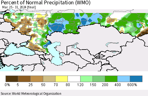 Russian Federation Percent of Normal Precipitation (WMO) Thematic Map For 3/25/2024 - 3/31/2024