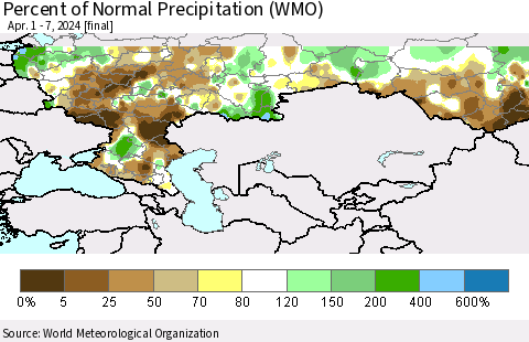 Russian Federation Percent of Normal Precipitation (WMO) Thematic Map For 4/1/2024 - 4/7/2024
