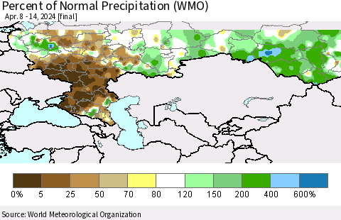 Russian Federation Percent of Normal Precipitation (WMO) Thematic Map For 4/8/2024 - 4/14/2024
