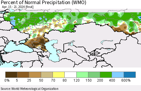 Russian Federation Percent of Normal Precipitation (WMO) Thematic Map For 4/15/2024 - 4/21/2024