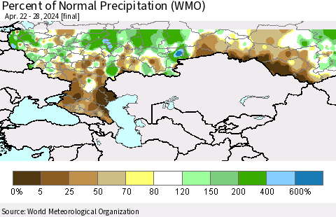 Russian Federation Percent of Normal Precipitation (WMO) Thematic Map For 4/22/2024 - 4/28/2024
