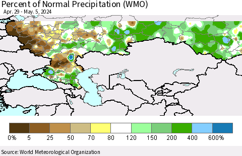 Russian Federation Percent of Normal Precipitation (WMO) Thematic Map For 4/29/2024 - 5/5/2024