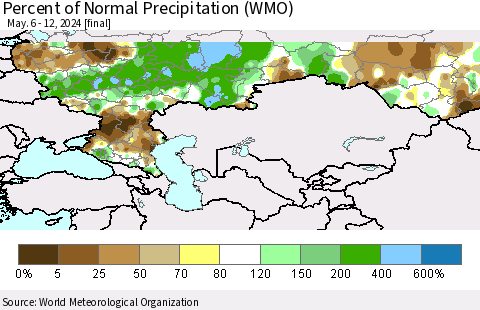 Russian Federation Percent of Normal Precipitation (WMO) Thematic Map For 5/6/2024 - 5/12/2024