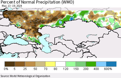 Russian Federation Percent of Normal Precipitation (WMO) Thematic Map For 5/13/2024 - 5/19/2024