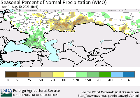 Russian Federation Seasonal Percent of Normal Precipitation (WMO) Thematic Map For 4/1/2021 - 8/10/2021