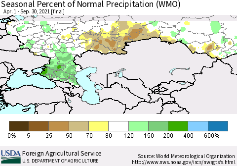 Russian Federation Seasonal Percent of Normal Precipitation (WMO) Thematic Map For 4/1/2021 - 9/30/2021