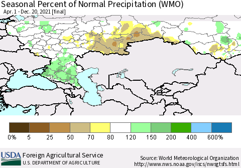 Russian Federation Seasonal Percent of Normal Precipitation (WMO) Thematic Map For 4/1/2021 - 12/20/2021