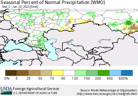 Russian Federation Seasonal Percent of Normal Precipitation (WMO) Thematic Map For 9/1/2021 - 1/10/2022