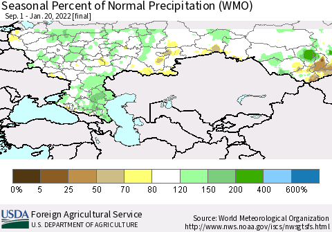 Russian Federation Seasonal Percent of Normal Precipitation (WMO) Thematic Map For 9/1/2021 - 1/20/2022