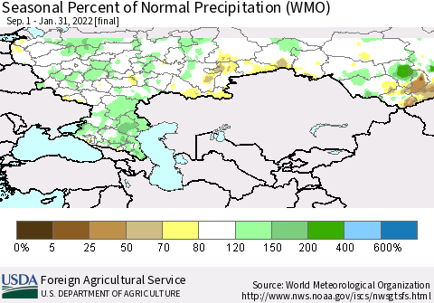 Russian Federation Seasonal Percent of Normal Precipitation (WMO) Thematic Map For 9/1/2021 - 1/31/2022