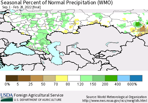 Russian Federation Seasonal Percent of Normal Precipitation (WMO) Thematic Map For 9/1/2021 - 2/28/2022