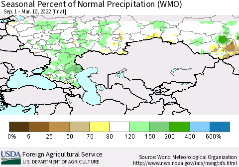 Russian Federation Seasonal Percent of Normal Precipitation (WMO) Thematic Map For 9/1/2021 - 3/10/2022