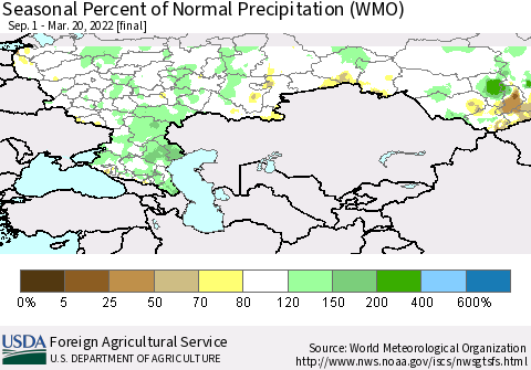 Russian Federation Seasonal Percent of Normal Precipitation (WMO) Thematic Map For 9/1/2021 - 3/20/2022