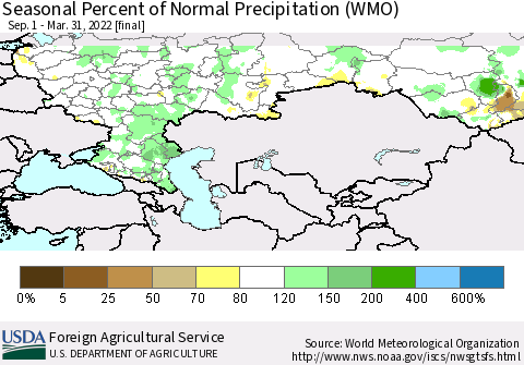 Russian Federation Seasonal Percent of Normal Precipitation (WMO) Thematic Map For 9/1/2021 - 3/31/2022