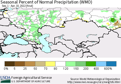Russian Federation Seasonal Percent of Normal Precipitation (WMO) Thematic Map For 9/1/2021 - 4/10/2022