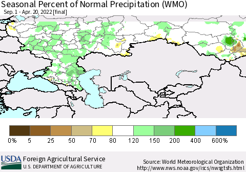 Russian Federation Seasonal Percent of Normal Precipitation (WMO) Thematic Map For 9/1/2021 - 4/20/2022