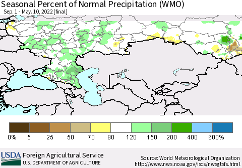 Russian Federation Seasonal Percent of Normal Precipitation (WMO) Thematic Map For 9/1/2021 - 5/10/2022