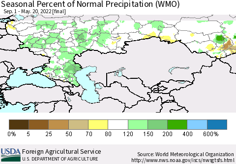 Russian Federation Seasonal Percent of Normal Precipitation (WMO) Thematic Map For 9/1/2021 - 5/20/2022