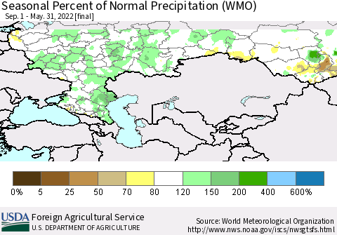 Russian Federation Seasonal Percent of Normal Precipitation (WMO) Thematic Map For 9/1/2021 - 5/31/2022