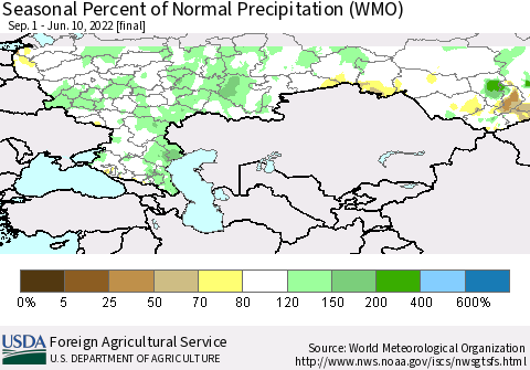 Russian Federation Seasonal Percent of Normal Precipitation (WMO) Thematic Map For 9/1/2021 - 6/10/2022
